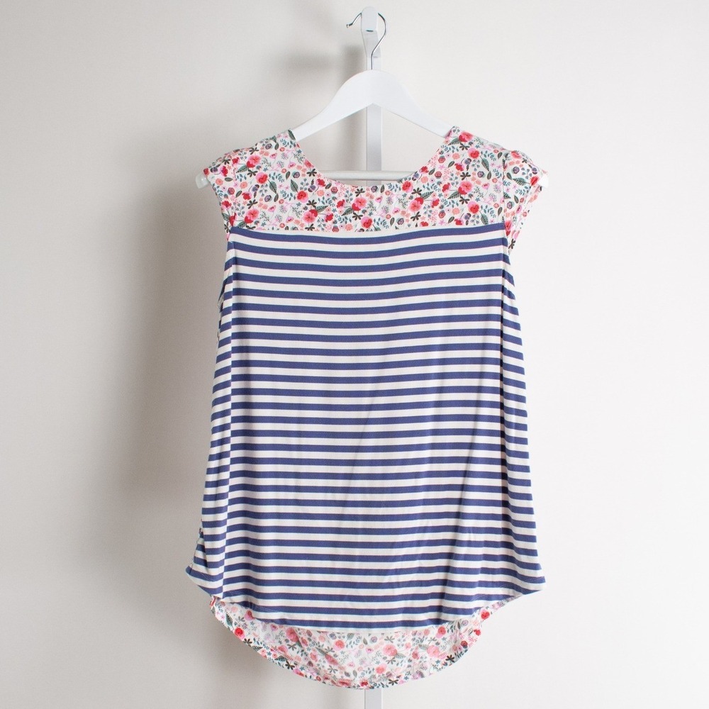 Matilda Jane Womens Size M Floral Stripe blue pink Tunic Top Cap Sleeve‎ Buttons